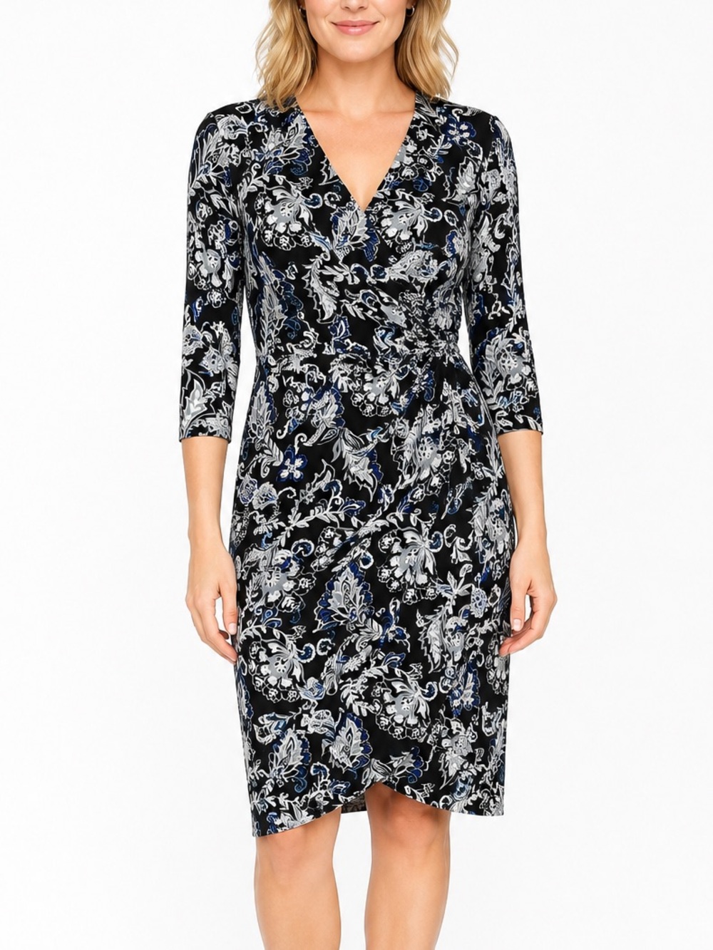 White House Black Market Faux Wrap Dress Black Blue Paisley Floral NWT Medium